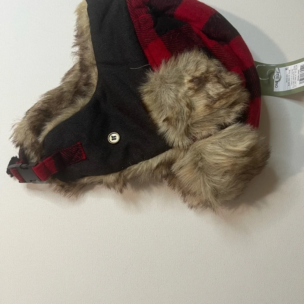 NWT Goodfellow & Co Mens Plaid Faux Fur Trapper Hat Red One Size (D1)